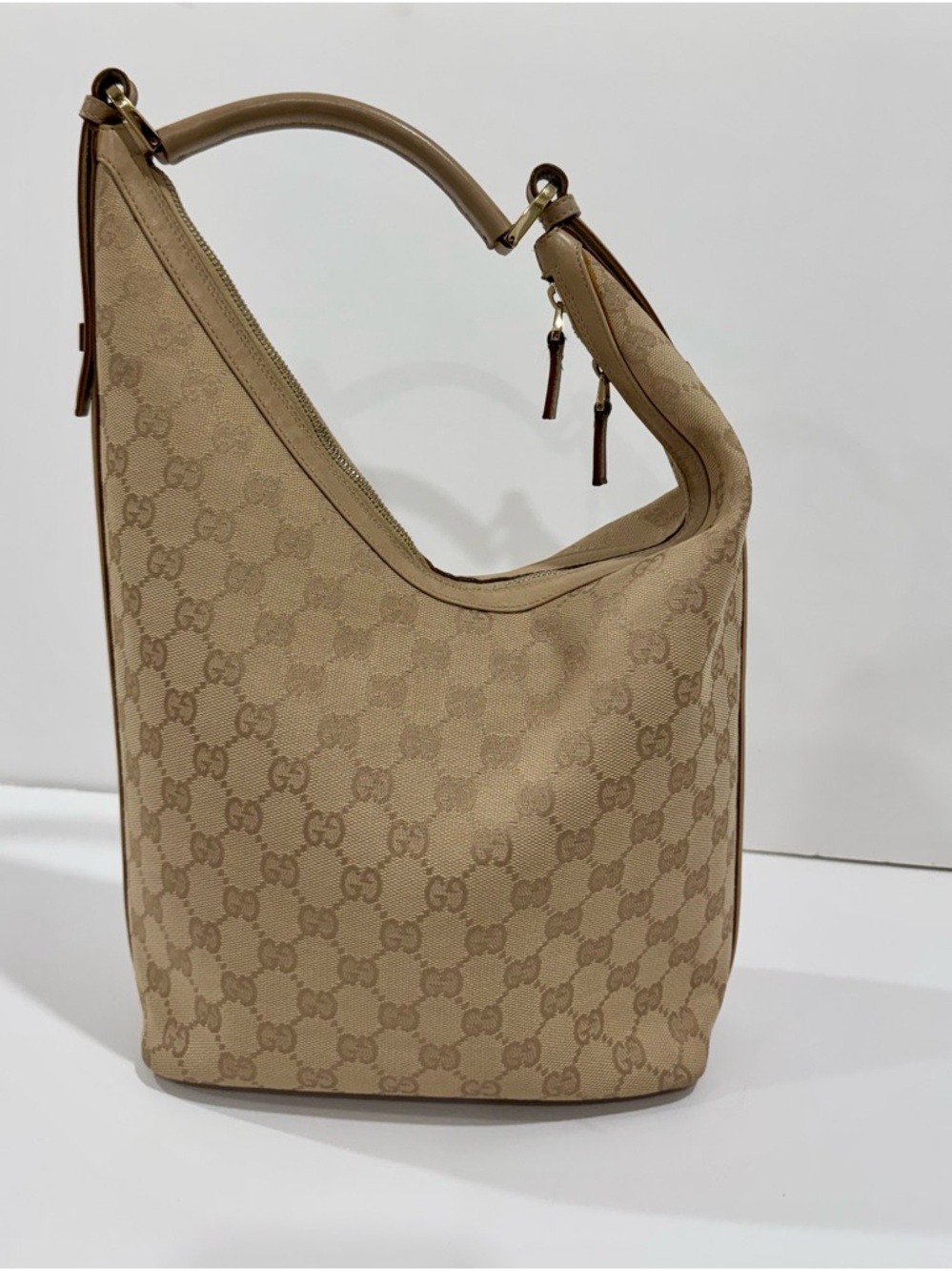 Gucci Beige Monogram Hobo Shoulder Bag with Leather Trim